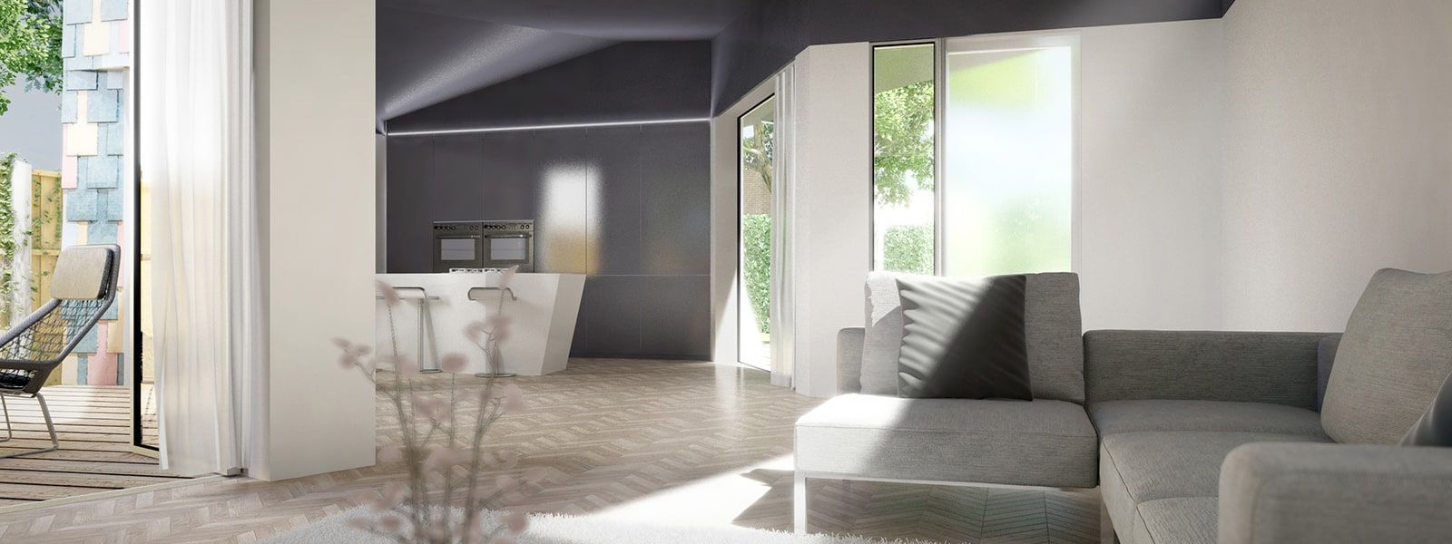 Interior visualisation of the open-plan kitchen and living area looking to the garden, new build retirement house, Fareham.